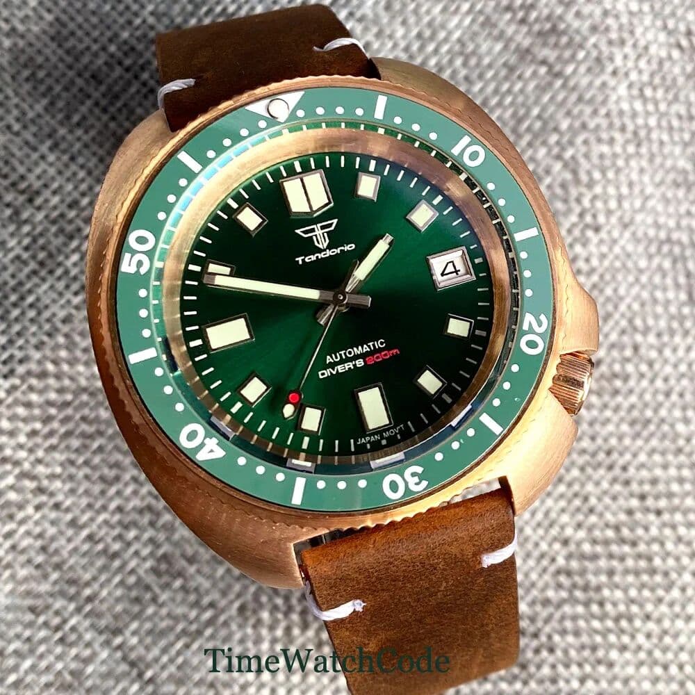 CUSN8 Solid Bronze NH35A PT5000 Automatic Mens Watch 200m Diving Date Green Black Blue Rubber Strap Sapphire Glass Tandorio 44mm