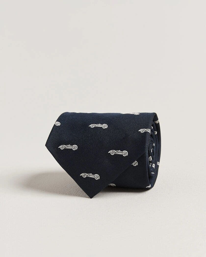 Ralph Lauren Purple Label Jacquard Race Cars Silk Tie Navy