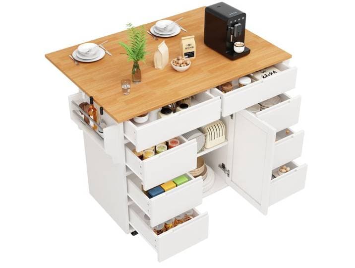 VLIVRA Desserte de cuisine avec 8 tiroirs 1 porte tablette rabattable et roulettes - en MDF - 122×46×91 5 cm - blanc