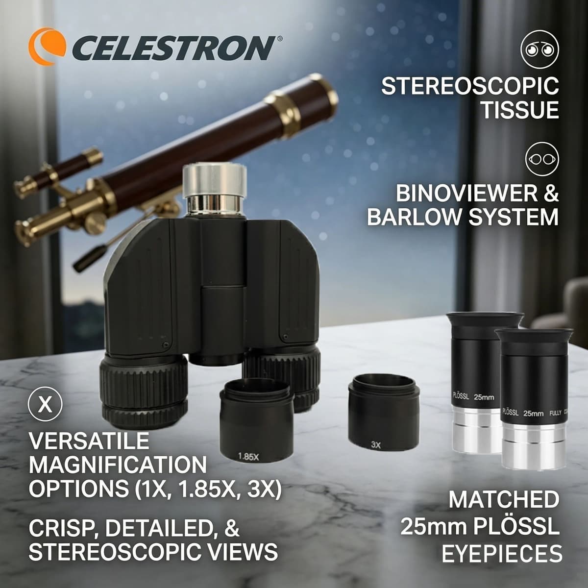 NONE Celestron Binoviewer Kit with Dual 25mm Plossl Eyepieces 1.85X 3X Lens for Moon Planet Observation