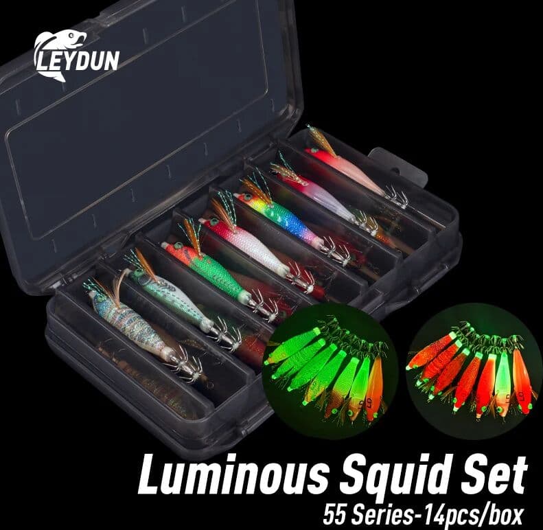 LEYDUN Luminous eye Horizontal Squid Jig Wood Shrimp Squid BKK Hook 14pcs/Set Lures Cuttlefish Shrimp Baits