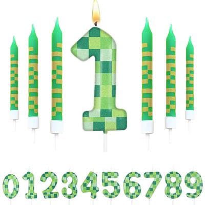Inspire Select 7pcs Pixel Game Theme Number Birthday Candles Set Green My World Cake Topper 09 Digital Party Candles 8