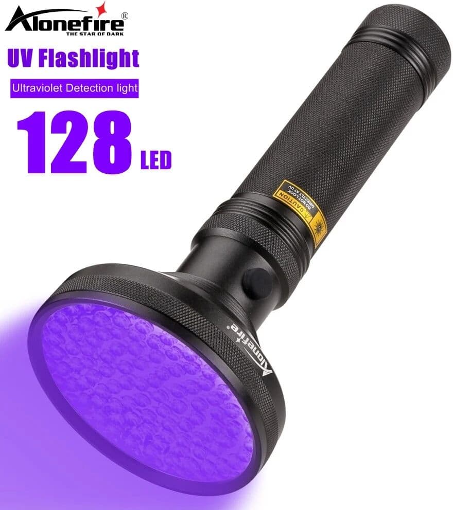 Alonefire 128 LED 395nm UV Flashlight Powerful Ultraviolet Curing Torch Money Ore Cat Dog Pet Stains Scorpion Fluorescent Ink Marker Light
