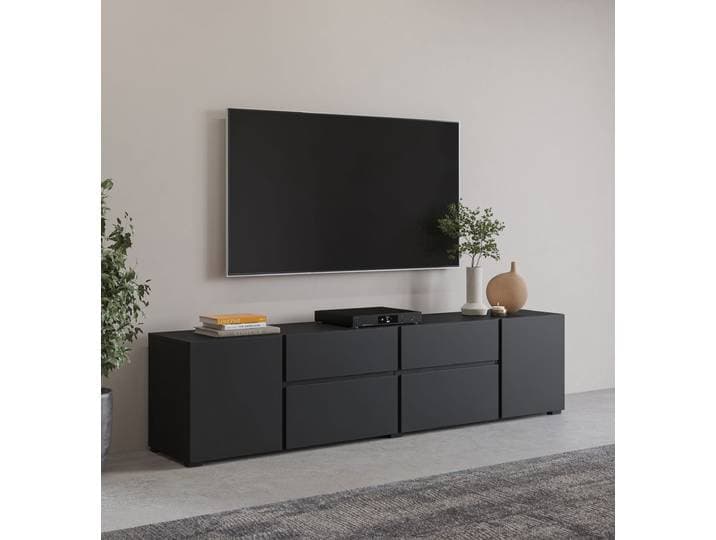Lowboard GOODPRODUCT Metric,Breite 195cm, grifflose Lowboard 2Klappen/2Schubkästen/2Tür , schwarz, B:195cm H:48,2cm T:40cm, Sideboards, Lowboard, TV-Schrank mit viel Stauraum, TV-Board