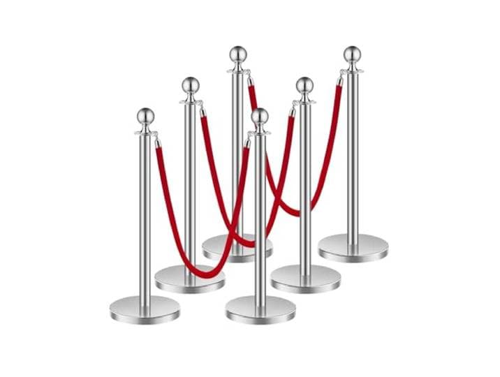 VEVOR Poteau de guidage\, 6 pcs\, barrière de balisage pour contrôle de foules\, avec base creuse\, 3 cordes velours rouge et poteaux argentés en acier inox\, pour file d'attente en public\, hôtel\, fête