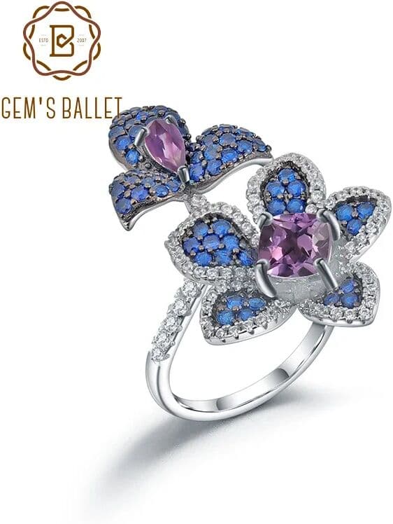 GEM'S BALLET 925 Sterling Silver Adjustable Open Ring For Women Natural Amethyst Gemstones Flower Handmade Statement Rings