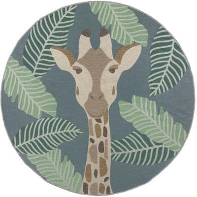 Teppich FLAIR RUGS "Eric Giraffe", blau, H:2mm Ø:160cm, Kunstfaser, Teppiche, Teppich, Outdoor geeignet