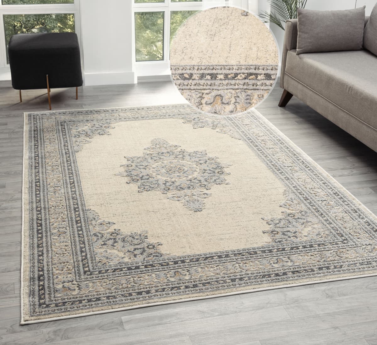 Teppich GOODPRODUCT "Banli, Vintage-Look, Orient-Optik", beige (hellgrau), B:120cm H:9mm L:180cm, Kunstfaser, Teppiche, Teppich, dezenter Glanz, Schrumpf-Garn-Effekt, Wohnzimmer, Schlafzimmer hellgrau B : 120cm 1 Stk., 9mm, L: 180cm