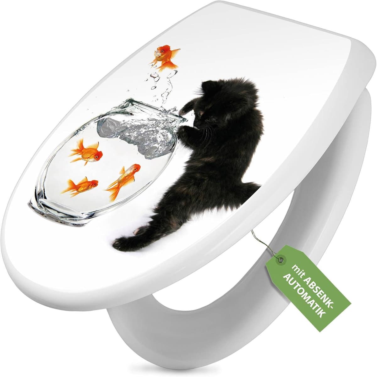 banjado WC-Sitz mit Absenkautomatik, 44,5x37cm - Toilettendeckel aus Duroplast mit Edelstahl-Scharnieren, Motiv Katze Und F, einfache Montage