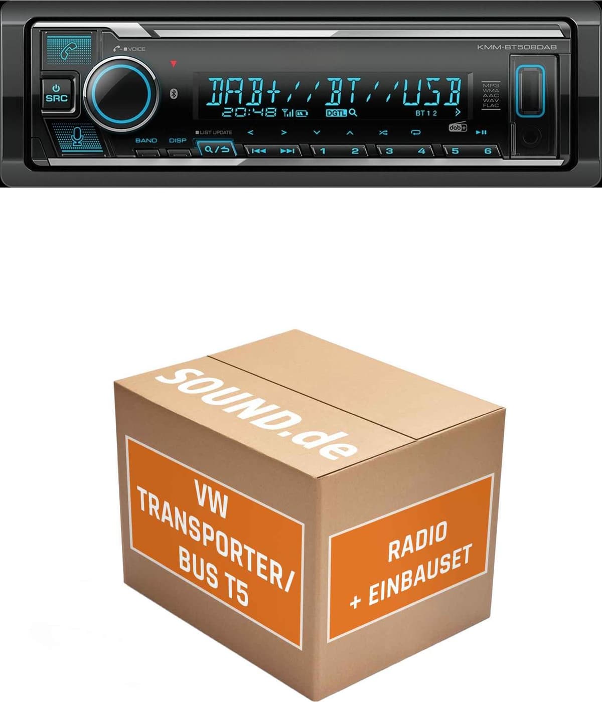 Autoradio Einbaupaket Kenwood KMM BT508DAB passend für VW T5 + LFB + Rückfahrkamera Linien beweglich | Bluetooth Telefonieren DAB+