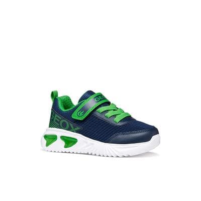 Sneaker GEOX "J ASSISTER BOY", Mädchen, Gr. 32, blau (navy, hellgrün), Lederimitat, Textil, Schuhe Sneaker, Klettschuh mit Blinkfunktion, Größenschablone zum Download