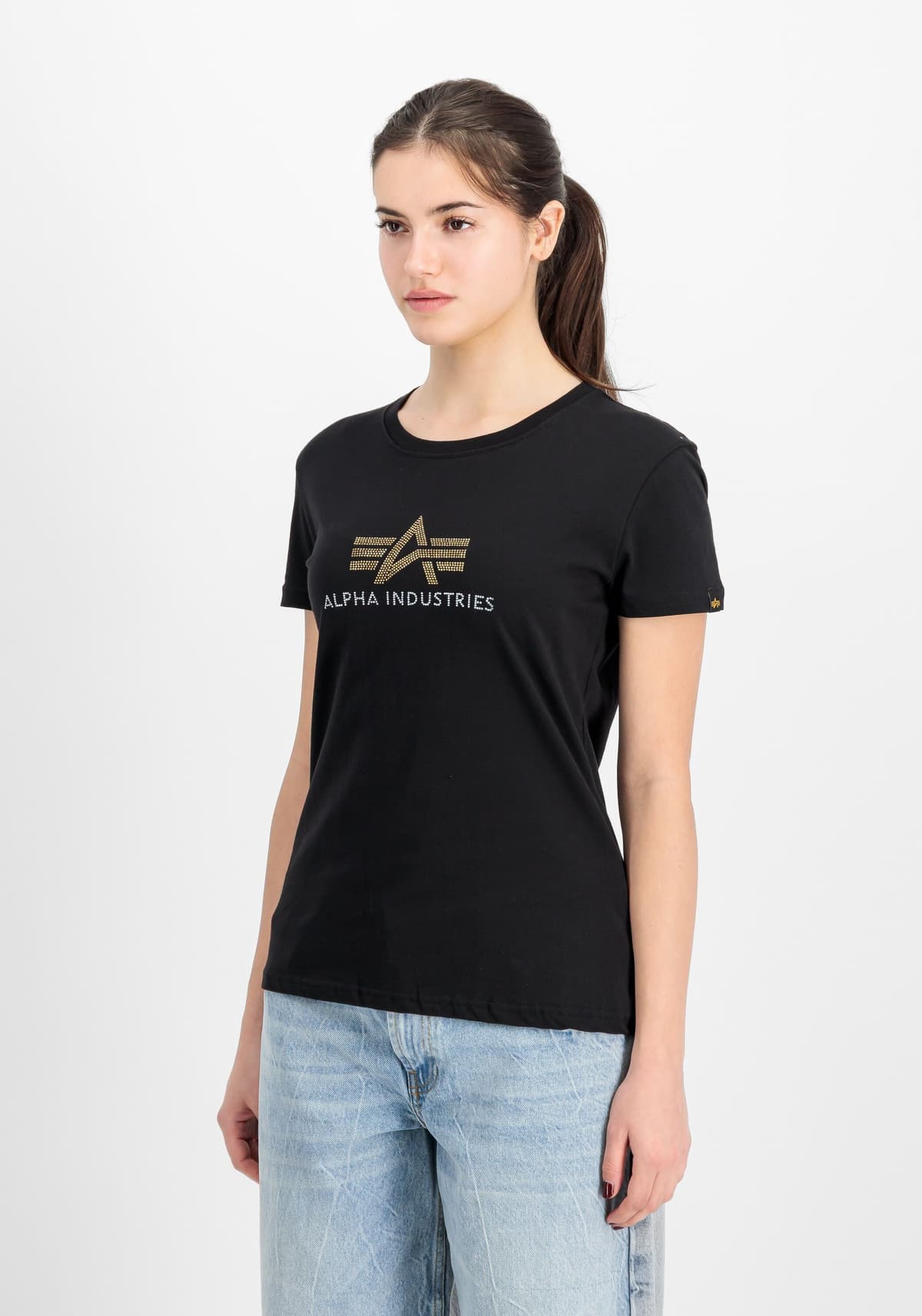 T-Shirt ALPHA INDUSTRIES "Crystal T-Shirt W", Damen, Gr. XS, schwarz, Obermaterial: 100% Baumwolle, Shirts T-Shirt schwarz XS