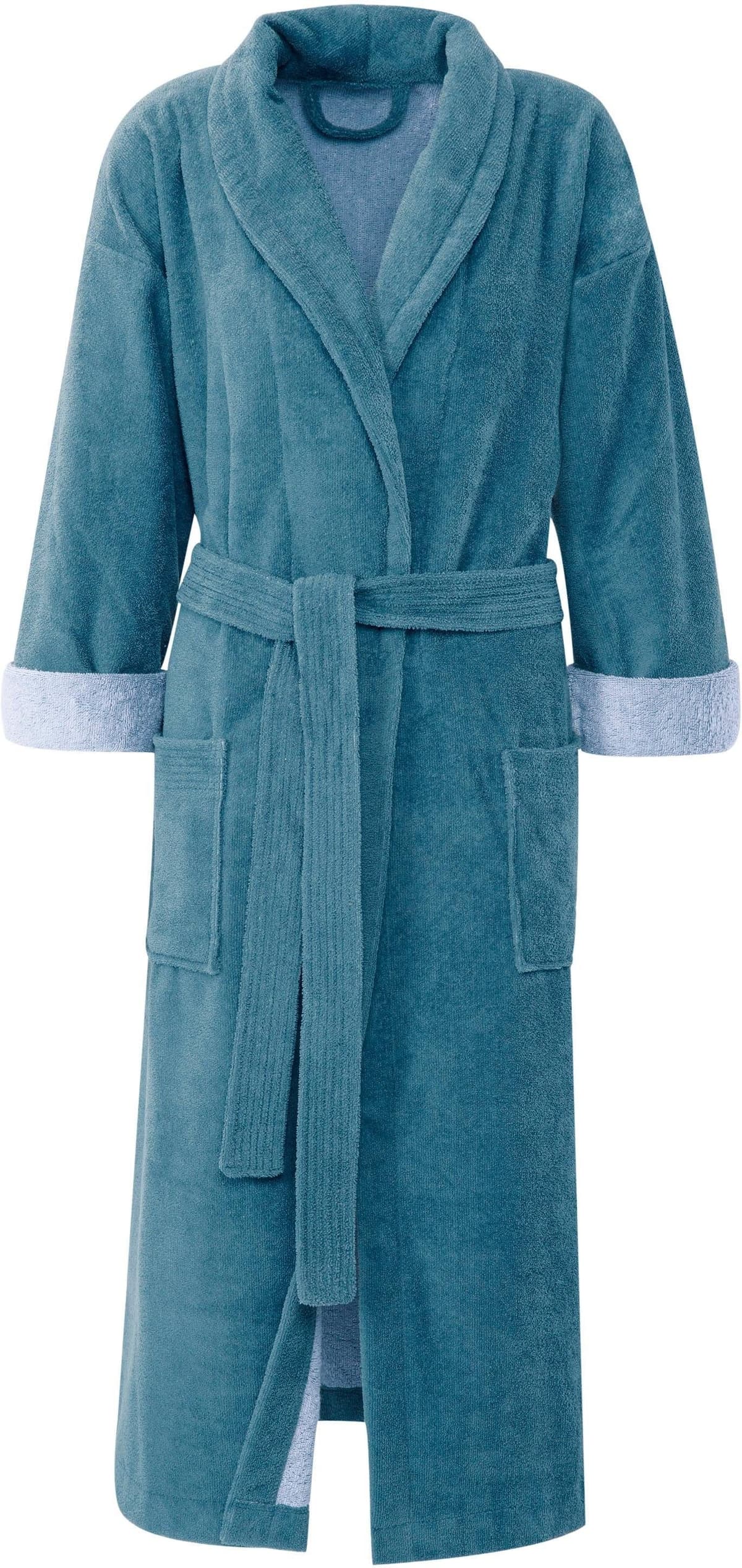 Unisex-Bademantel GÖZZE "Turin, ideal für Sauna & Spa, Hotelbademantel, Morgenmantel" Gr. M, blau, L:125cm, Baumwoll-Mix, Hausmäntel, Unisex-Bademantel, für Damen & Herren, mit Gürtel und zwei aufgesetzten Taschen, lang blau M L: 125cm, N-Gr