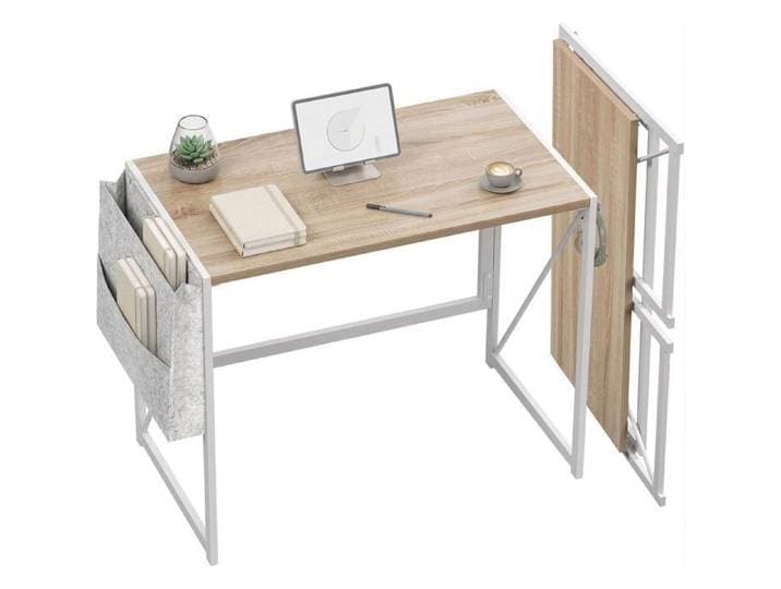 Bureau d'ordinateur pliable avec poche latérale table d'écriture pour chambre petits espaces 90 × 40 × 72 cm bois naturel