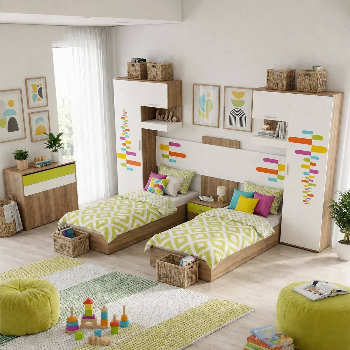 garneroarredamenti Cameretta per bambini completa 2 letti rovere bianco verde Serena Gihome®