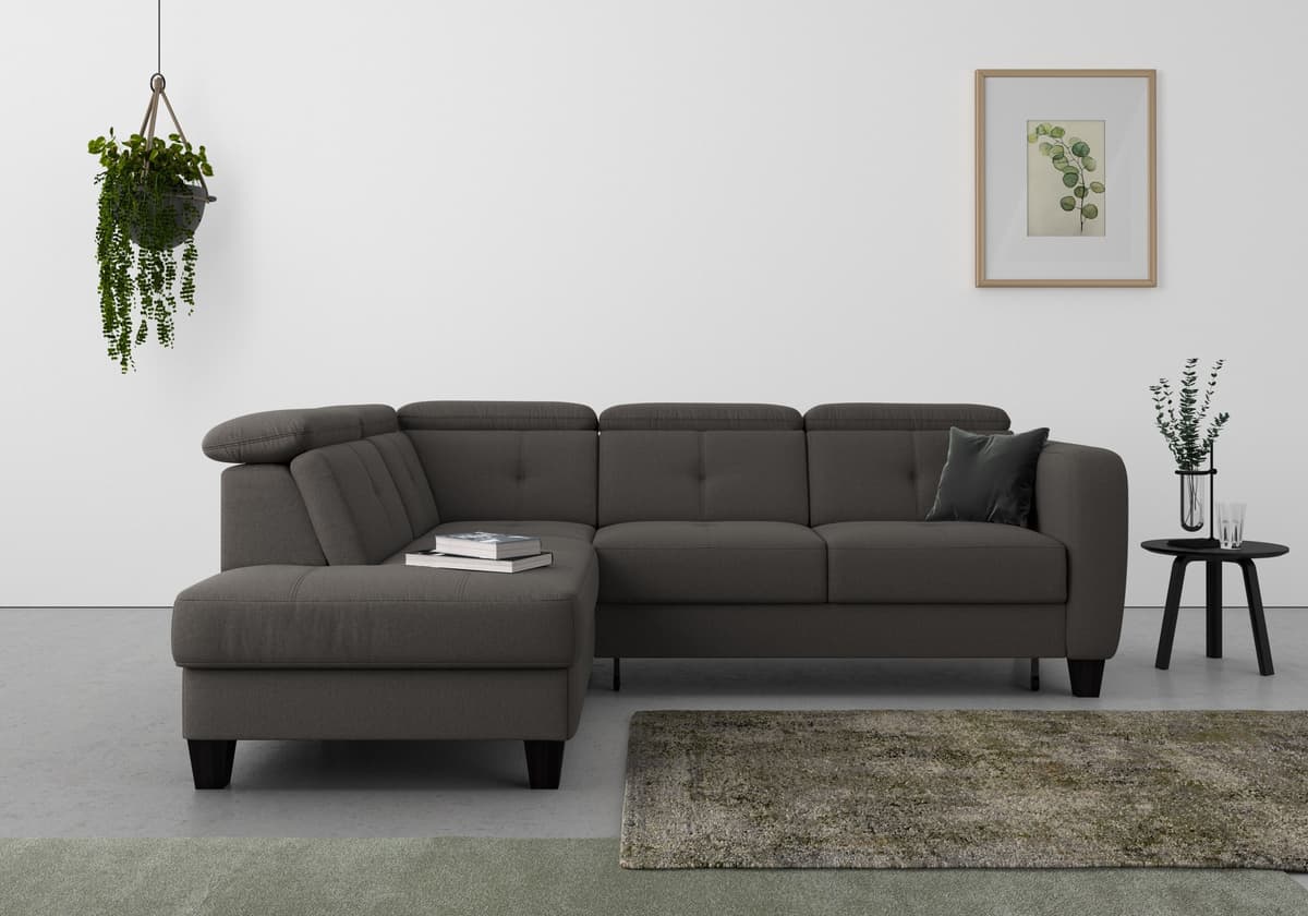 Ecksofa SIT & MORE "Belluci L-Form", grau (dunkelgrau), B:249cm H:85cm T:195cm, Sofas, Ecksofa, inklusive Federkern, wahlweise mit Schlaffunktion und Bettkasten dunkelgrau B/H/T: 249cm x 85cm x 195cm, Struktur weich, Ottomane links,mit Bettfunktion,mit Be