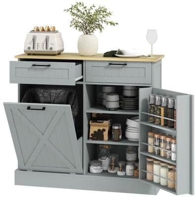 Kodotan sofa Tilt Out Trash Can Cabinet, 10 Gallon Farmhouse Kitchen Cabinet with Hidden Trash Can and 2 Drawers for Laundry Room