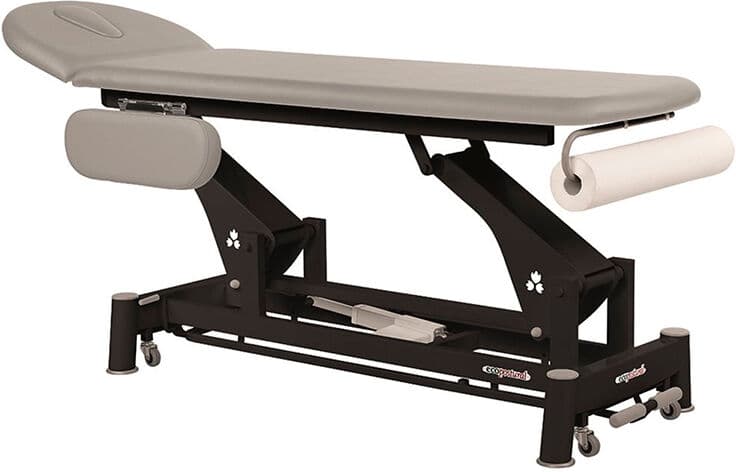 Marquesa elétrica técnica Ecopostural: dois corpos com braços abatibles, estrutura de biela preta e cabeça T10 (62 x 207 cm)