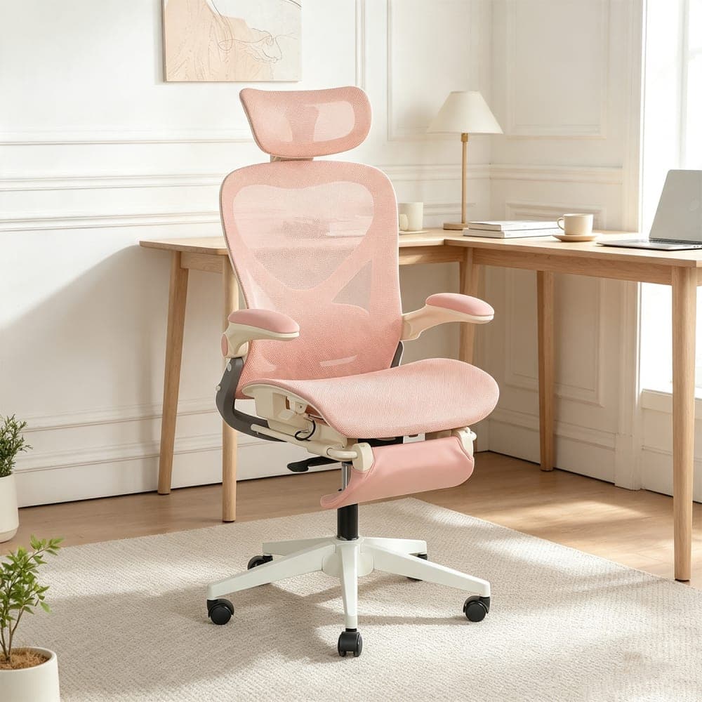 Meubles Cosy Silla oficina plegable, soporte lumbar, cabezal 3d y apoyapiés, rosa