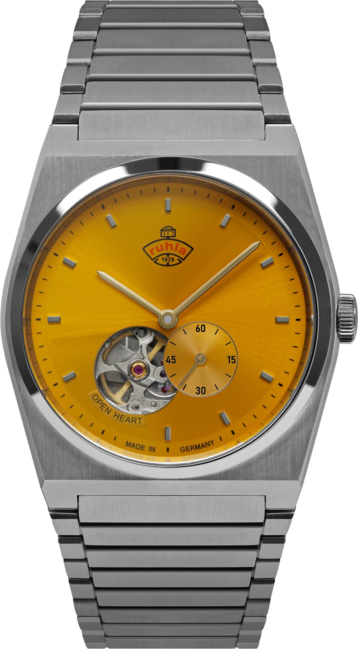 Automatikuhr RUHLA "Space Control Automatik", gelb (silberfarben, gelb, gelb), Armbanduhren, Herren, silberfarben, Automatikuhr, Armbanduhr, Herrenuhr, Mechanische Uhr, Saphirglas, Made in Germany
