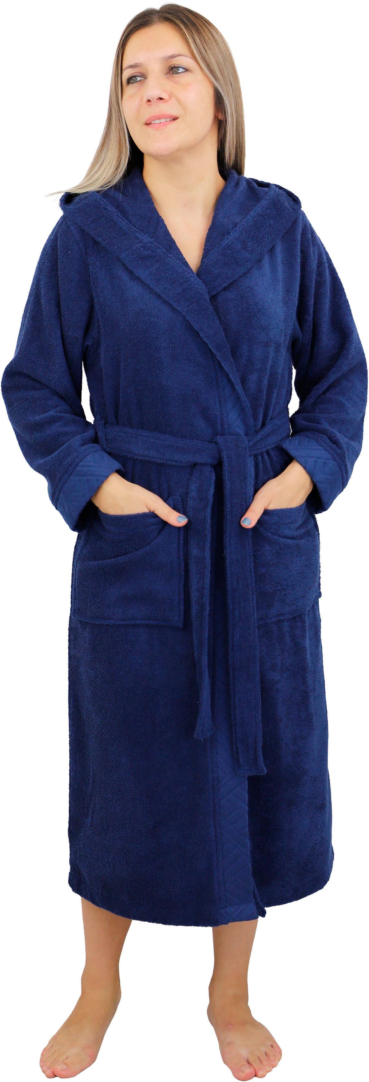 Damenbademantel GOODPRODUCT "Livia, ideal für Sauna & Spa, Hotelbademantel" Gr. XS, blau (marine), L:120cm, Walkfrottee, Hausmäntel, Damenbademantel, gemusterter Bordüre, langer Bademantel Damen, 100% Baumwolle, XS-2XL marine XS L: 120cm, N-Gr