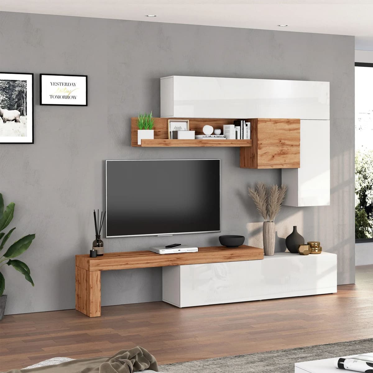 garneroarredamenti Parete attrezzata 270x200h cm bianco lucido rovere Block 2