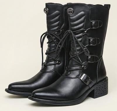 LightInthebox Men's White Biker Boots Lace-Up Mid-Calf Boots with Multiple Buckle Straps and Chunky Heel, Bold Motorcycle Style for Casual Outfits, Parties, Festivals and Everyday Wear