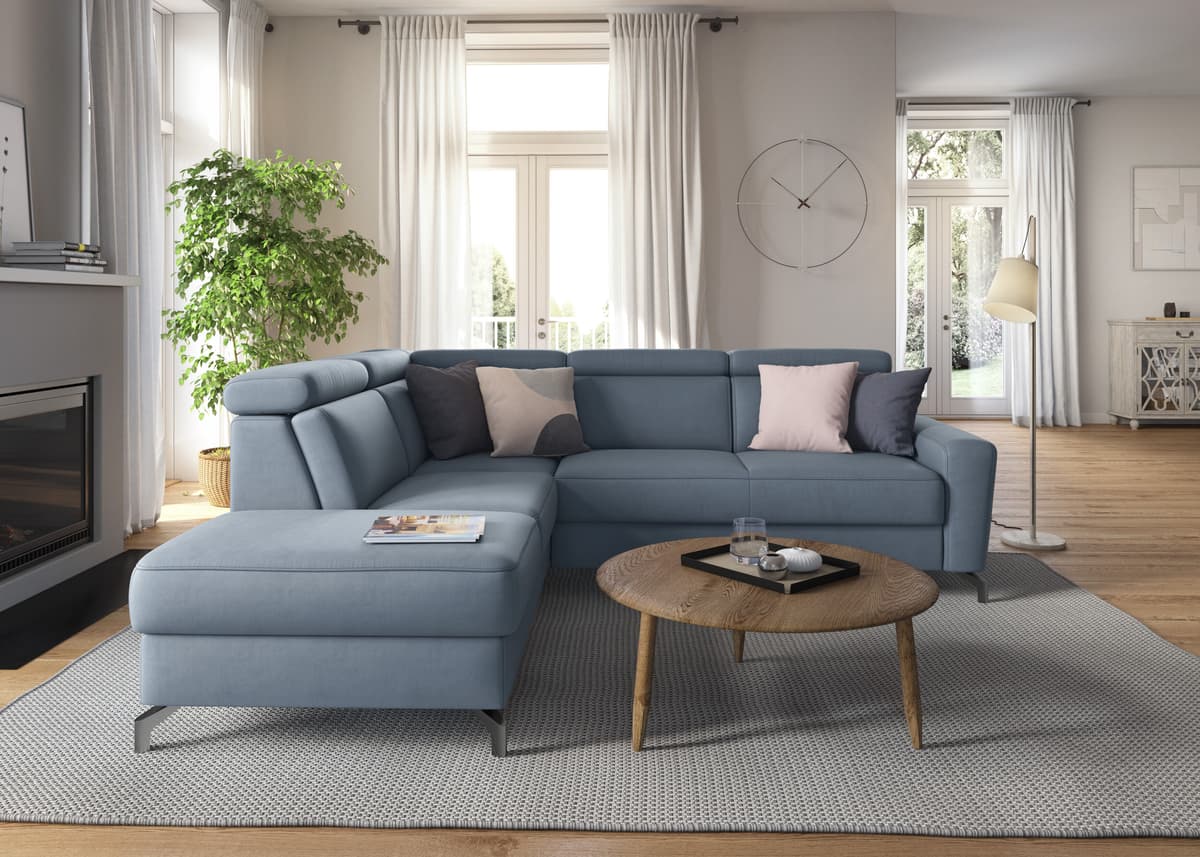 Ecksofa SIT & MORE "Scarlett L-Form", blau (hellblau), B:258cm T:226cm, Sofas, Ecksofa, inklusive Kopfteilverstellung, optional Schlaffunktion & Bettkasten hellblau B/H/T: 258cm x 226cm, Luxus-Microfaser ALTARA NUBUCK®, Ottomane links, Kopfteilverstellung