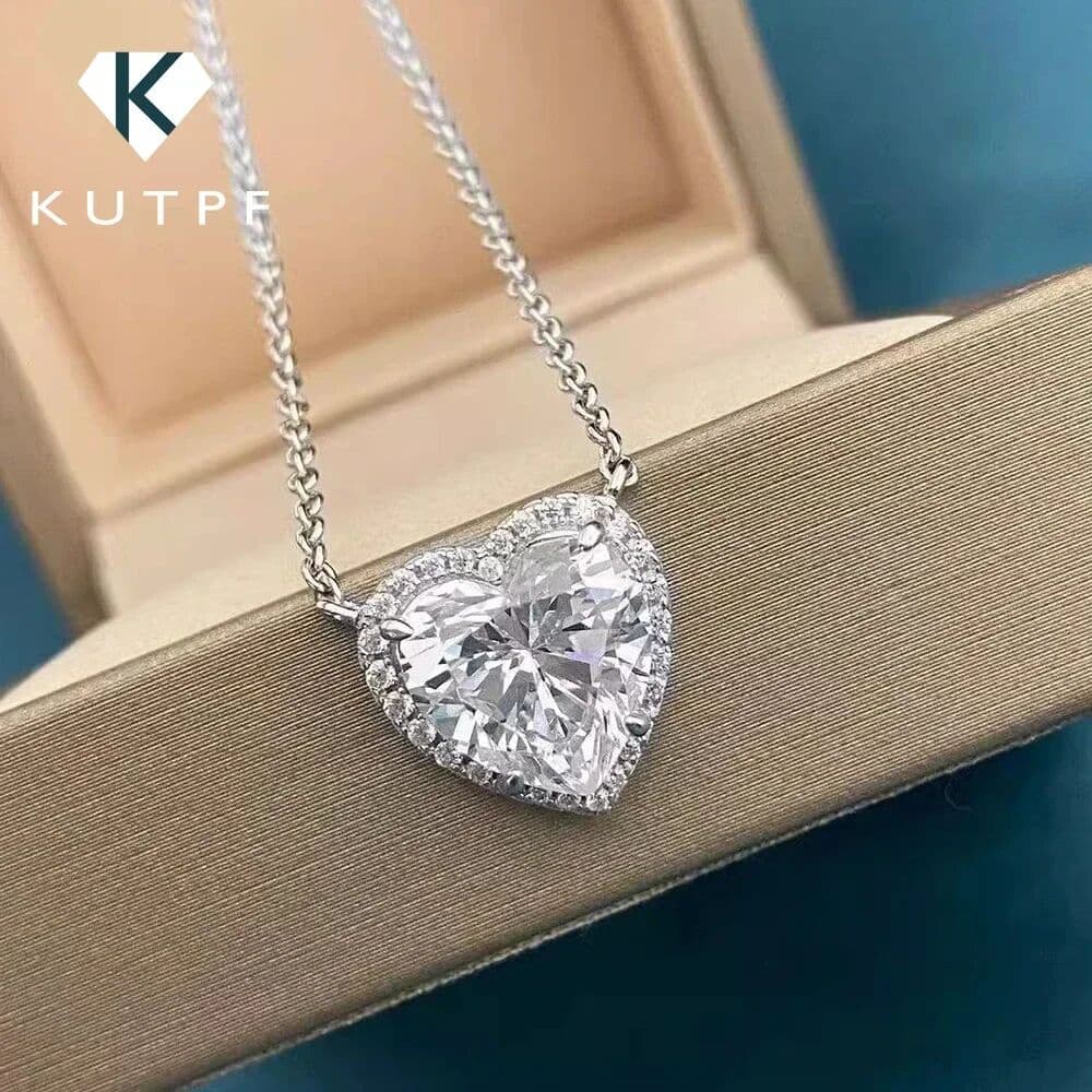 KUTPF 1-4CT Full Moissanite Pendant Necklace With  Certificates Heart Cut Halo Diamond Necklaces For Women 925 Silver Fine Jewelry