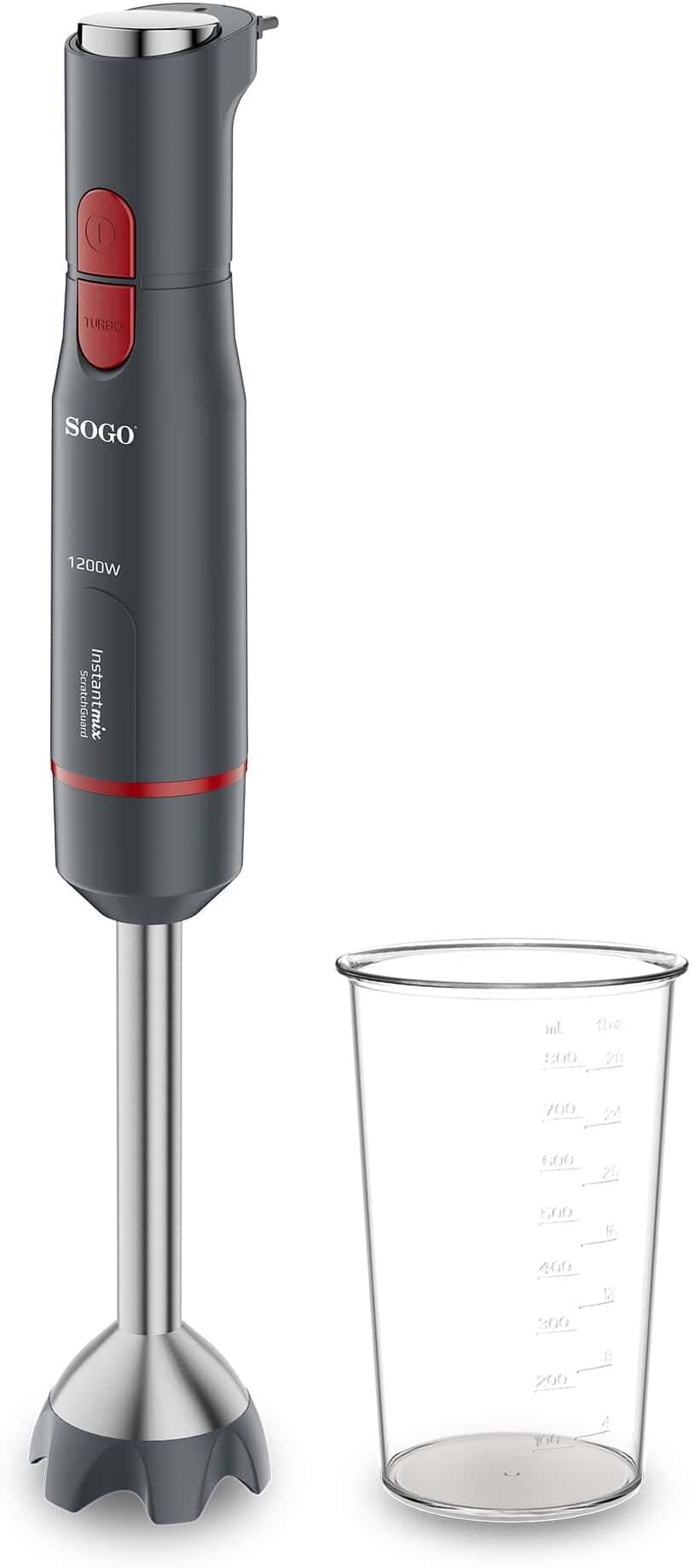 Sogo Batidora de mano BAT-SS-14325 de 800 ml 6 Cuchillas Titanio Turbo y Velocidad Variable Vástago Inox Antiarañazos Accesorios Sin BPA 1200W. Gris