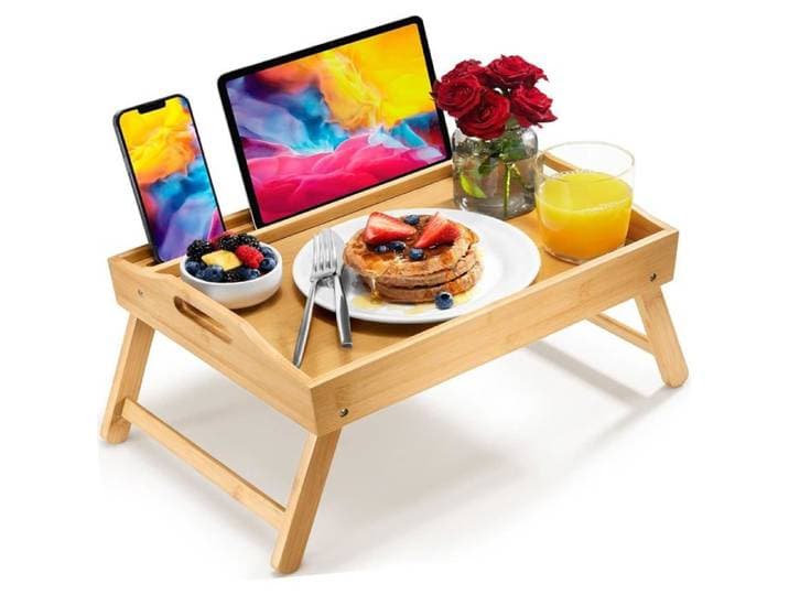 Grand plateau table lit avec pieds pliants support portable poignées bambou pour manger au lit ou canapé