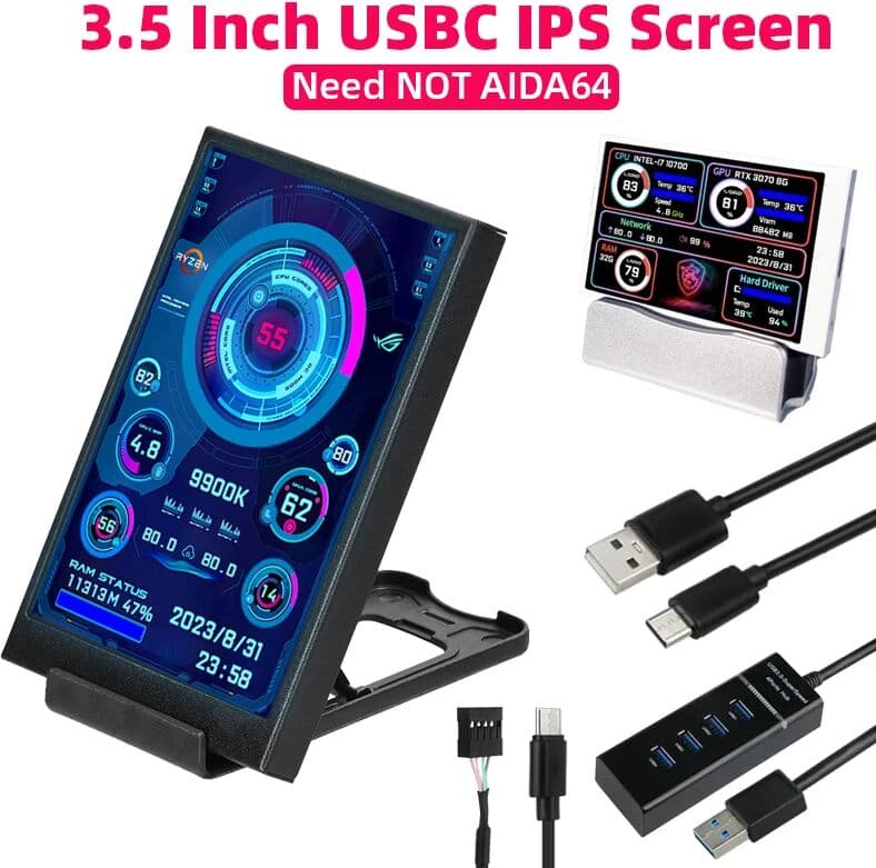 Caturda 3.5 Inch IPS Secondary Screen USB Type-C Display PC Computer CPU GPU RAM HDD USBMonitor LCD Need Not AIDA64 for Windows 10 11