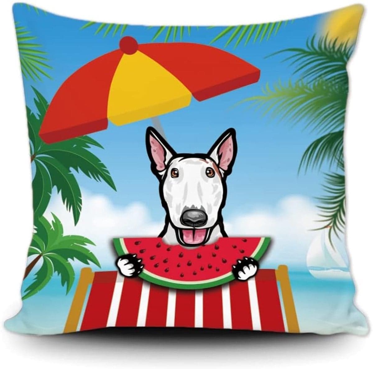 Bull Terrier Kussenhoes Hond - Watermeloen Palmboom - Dubbelzijdig Bedrukt - 50 x 50 cm