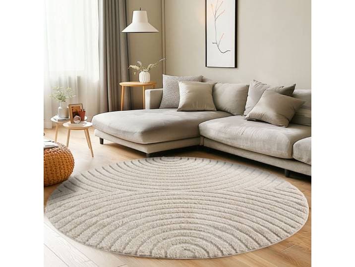 Carpettex Tapis Rond 120 cm Crème à Poils Longs Design Scandi Boho Effet Relief DModerne pour Table d'Appoint