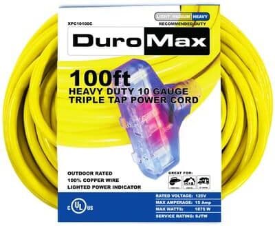 DuroMax Heavy Duty Power Cords 100 Foot - 10 Gauge Triple Tap