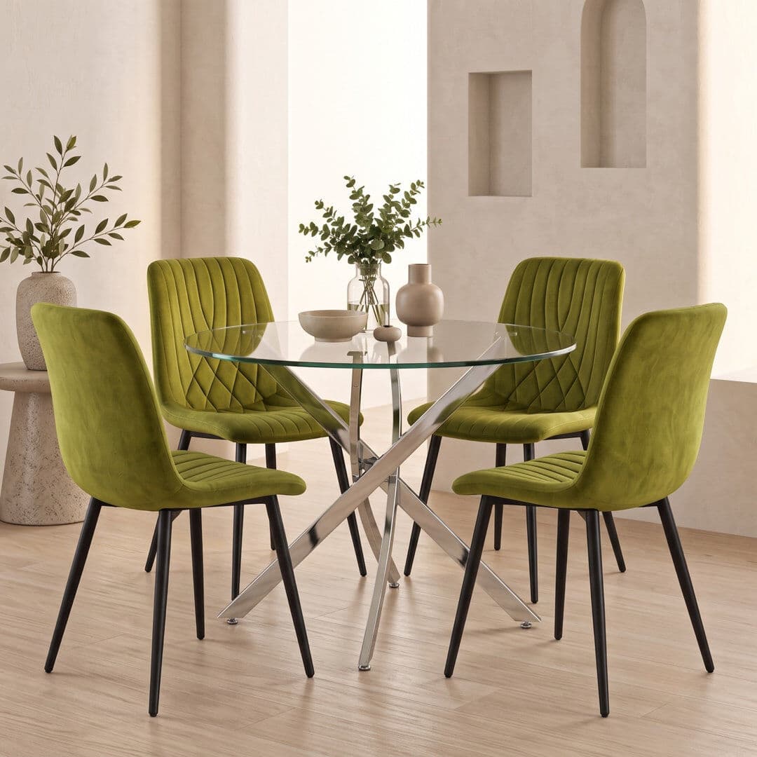 17 Stories Modern Round Glass Dining Table Set with 4 Velvet Diamond Chairs 4 Seater Dining Room Set Green