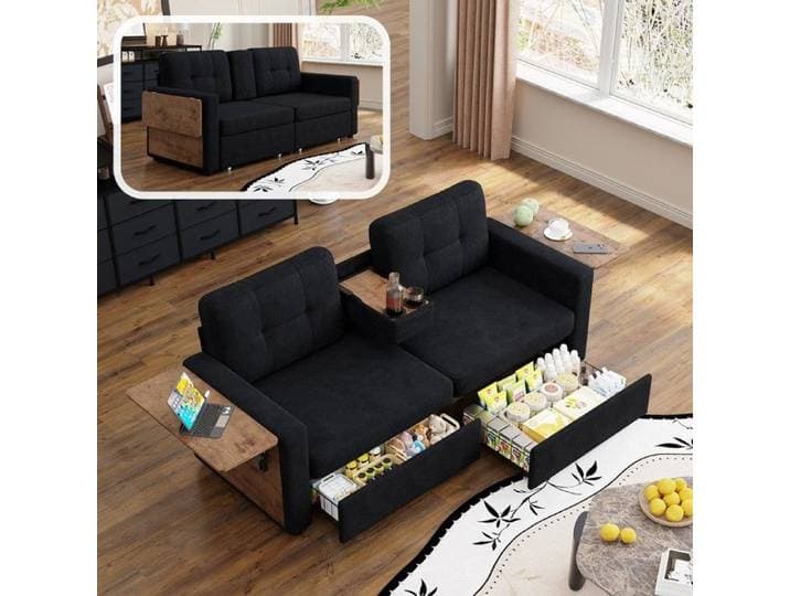Canapé 2 places en chenille noir avec rangement assise réglable table ordinateur pliante et porte-gobelets moderne pour salon