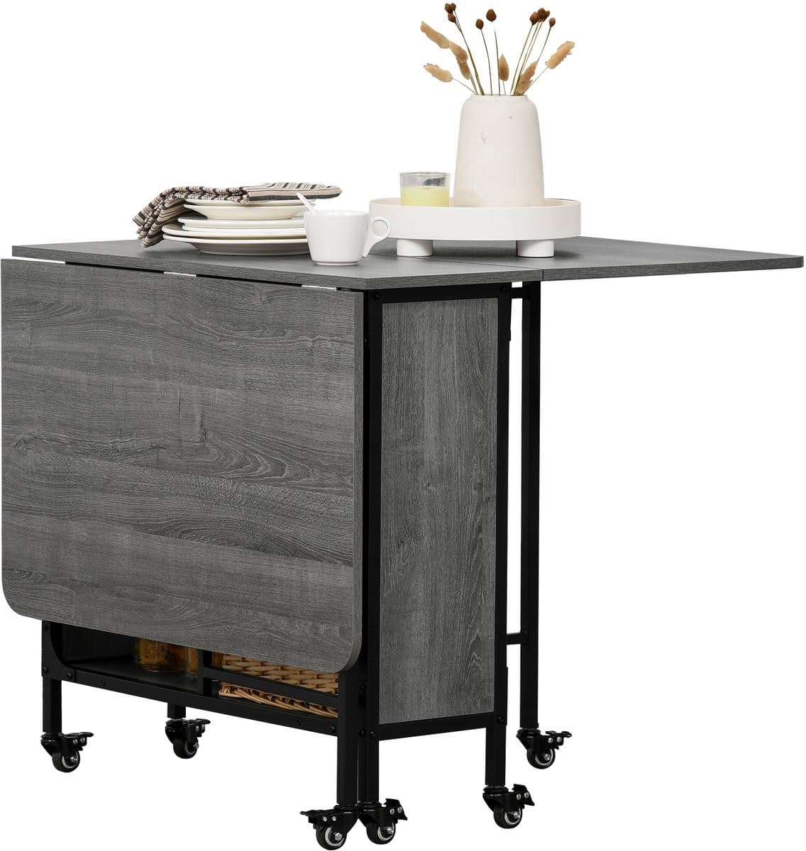 Homcom Opklapbare eettafel met uitklapbaar blad en zwenkwielen, Grijs, B: 130 cm, D: 80 cm, H: 74 cm