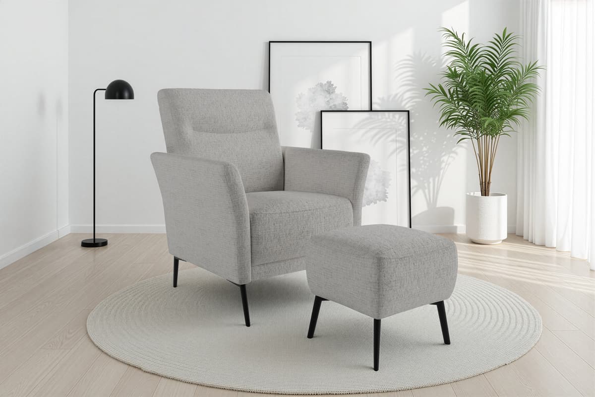 Sessel SIT & MORE "Talvi", grau (ivory), B:76cm H:95cm T:83cm, 100% POLYESTER, Sessel, Sessel, 2-teiliges Set- Sessel mit Hocker ivory Chenille, Sesselmit Hocker, B/H/T: 76cm x 95cm x 83cm