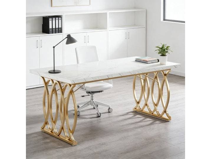Bureau d'ordinateur Blanc et Or 160x80cm Bureau Design Faux Marbre Table Travail Déco Salon Bureau E0 Stable et Pratique
