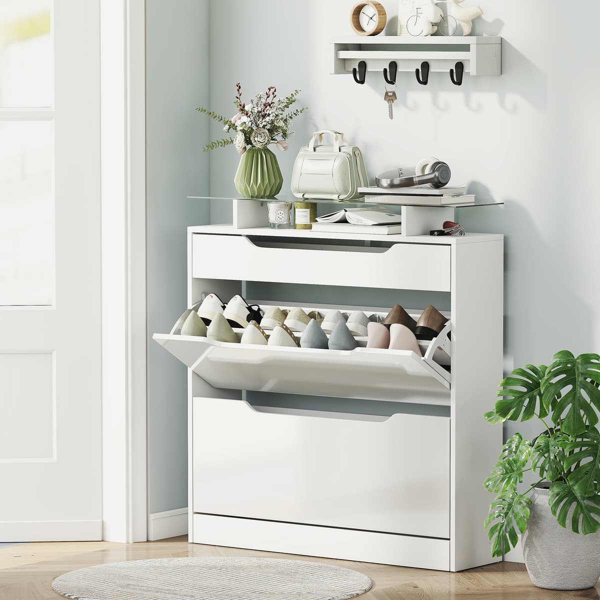 Homcom Armadio scarpiera Moderna con 2 Cassetti per 16 Scarpe, con Mensola Regolabile e Ripiano in Vetro, 89x23x96cm, Bianco Lucido  Aosom Italy