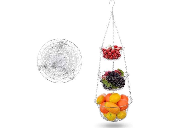 Fruitstandaard voor het ophangen van 3 etages\, mand om op te hangen\, van metaaldraad\, robuust\, voor de keuken voor groenten en fruit\, bloemen\, planten\, zilver