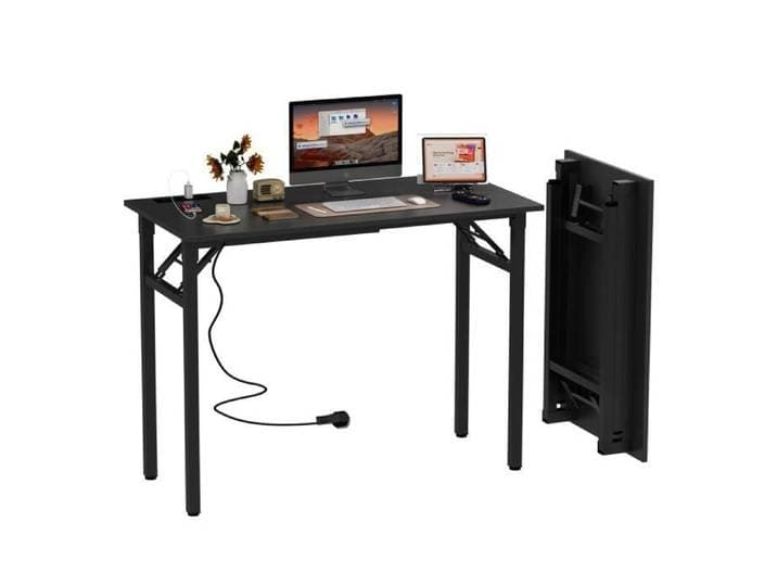 Bureau Pliant Informatique d'ordinateur Postes de Travail Table d'étude Avec Prise et USB 100x50x76cm Noir