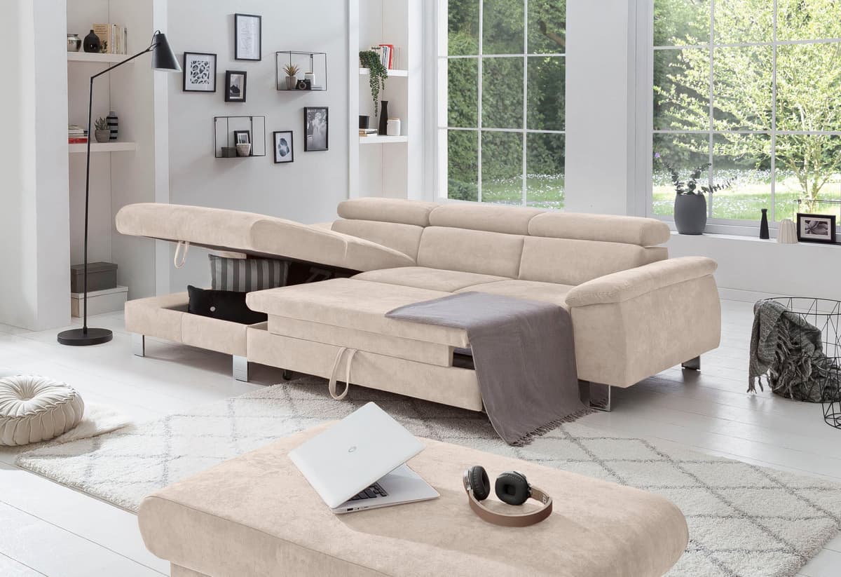 Ecksofa COTTA "Komaris L-Form, B: 244 cm", beige, B:244cm H:72cm T:166cm, Microfaser PRIMABELLE (100% Polyester);Kunstleder SOFTLUX(100%Polyurethan);Feinstruktur (100% Polyester);Kunstleder SOFTLUX/Struktur (100%Polyurethan, 90%Polyester, 10% Polyacryl), 