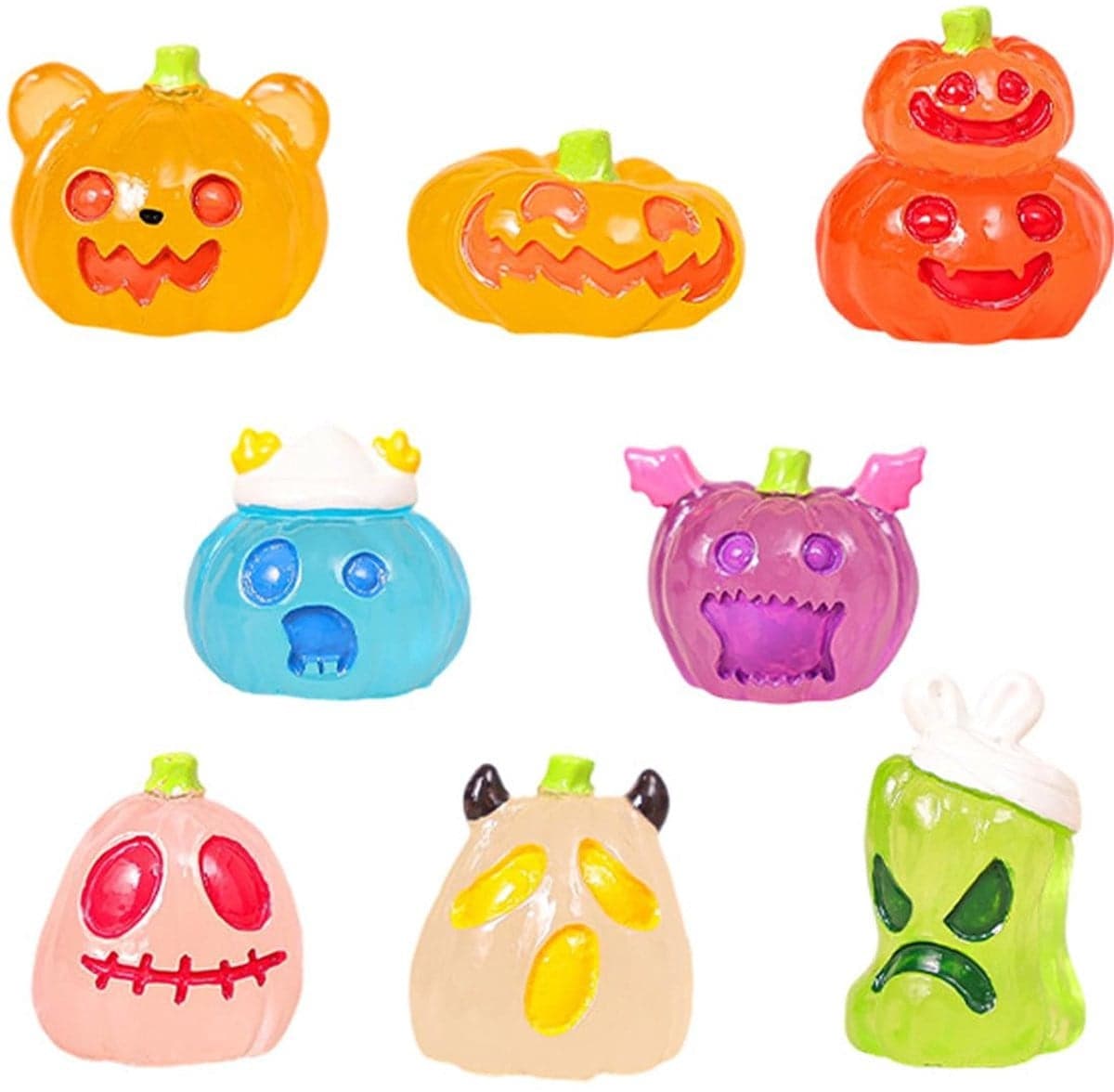Set van 8 kleurrijke mini-pompoen miniatuurfiguren van hars voor Halloween en carnaval