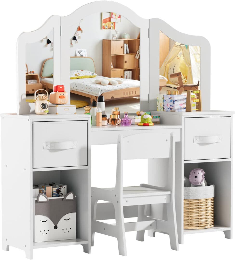Harriet Bee Dressing Table with Mirror and Seat and Storage Included White 114cm H X 108cm W X 30cm D