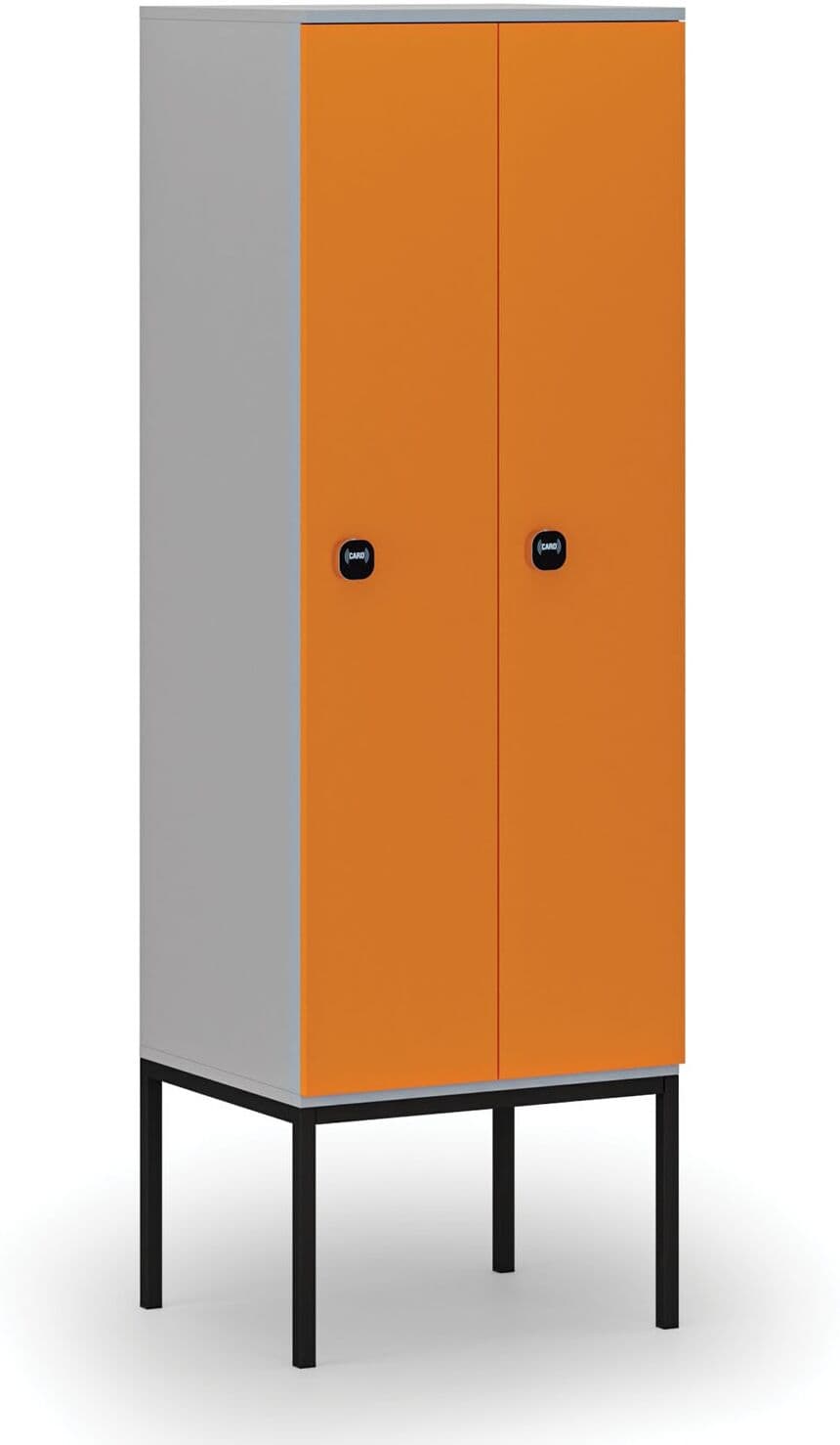 B2B Partner Drewniana szafa ubraniowa S4 z podstawą, 2-drzwiowa, 1871 x 600 x 500 mm, demontaż, zamek RFID, szary/pomarańczowy