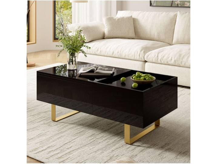 Table basse relevable – MDF – haute brillance – rangement caché – tiroir – noir