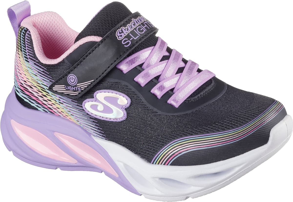 Sneaker SKECHERS "COSMIC GLOW LIGHTS", Mädchen, Gr. 29, Textil, lila (schwarz, multi), Lederimitat, Textil, Mesh, leicht glänzend, Schuhe Sneaker, Sportschuh mit Klett, Größenschablone zum Download