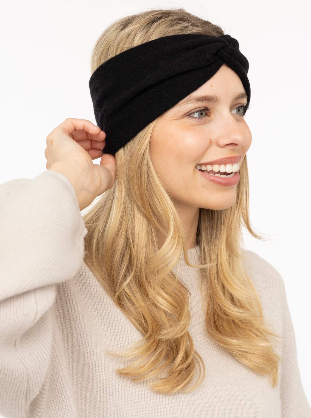 Stirnband ZWILLINGSHERZ "100% Cashmere "Classic", Damen, schwarz, Obermaterial: 100% Kaschmir, Mützen Stirnband, Knoten vorn, wärmend, klassisches Strickdesign schwarz Einheitsgröße
